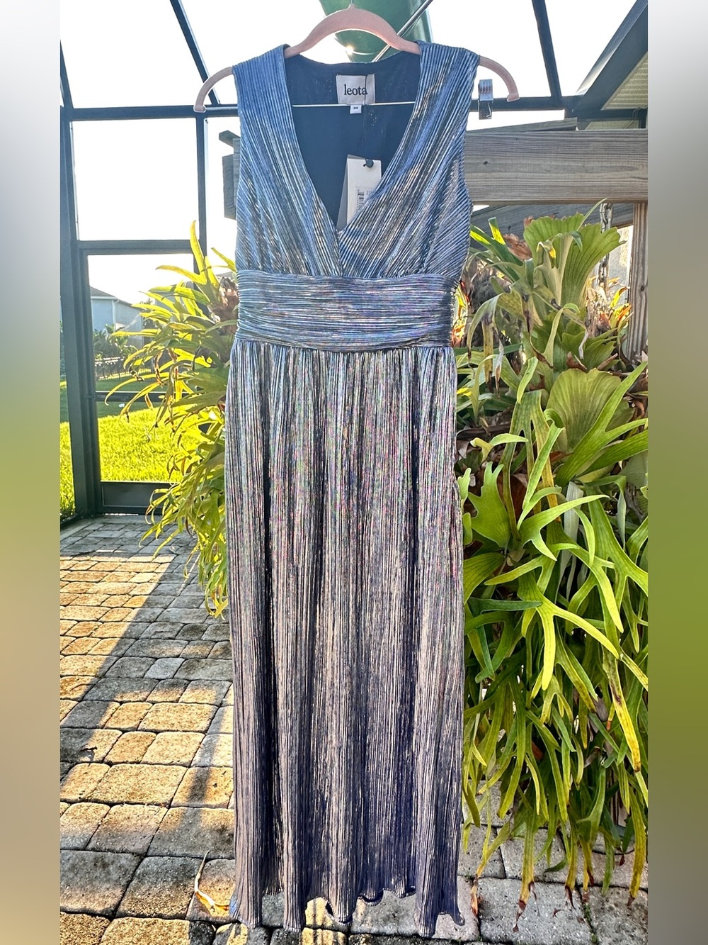 Leota Metallic Blue Pleated V-Neck Evening Dress Sz XS